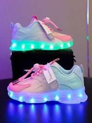 Usb 充電 Led 彩色旋轉按鈕兒童運動鞋,春夏透氣網面運動鞋,男女童附夜間燈光的多色發光運動鞋子。