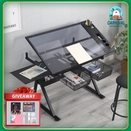 Drafting glass table with extra side table drawers and leather padded stool