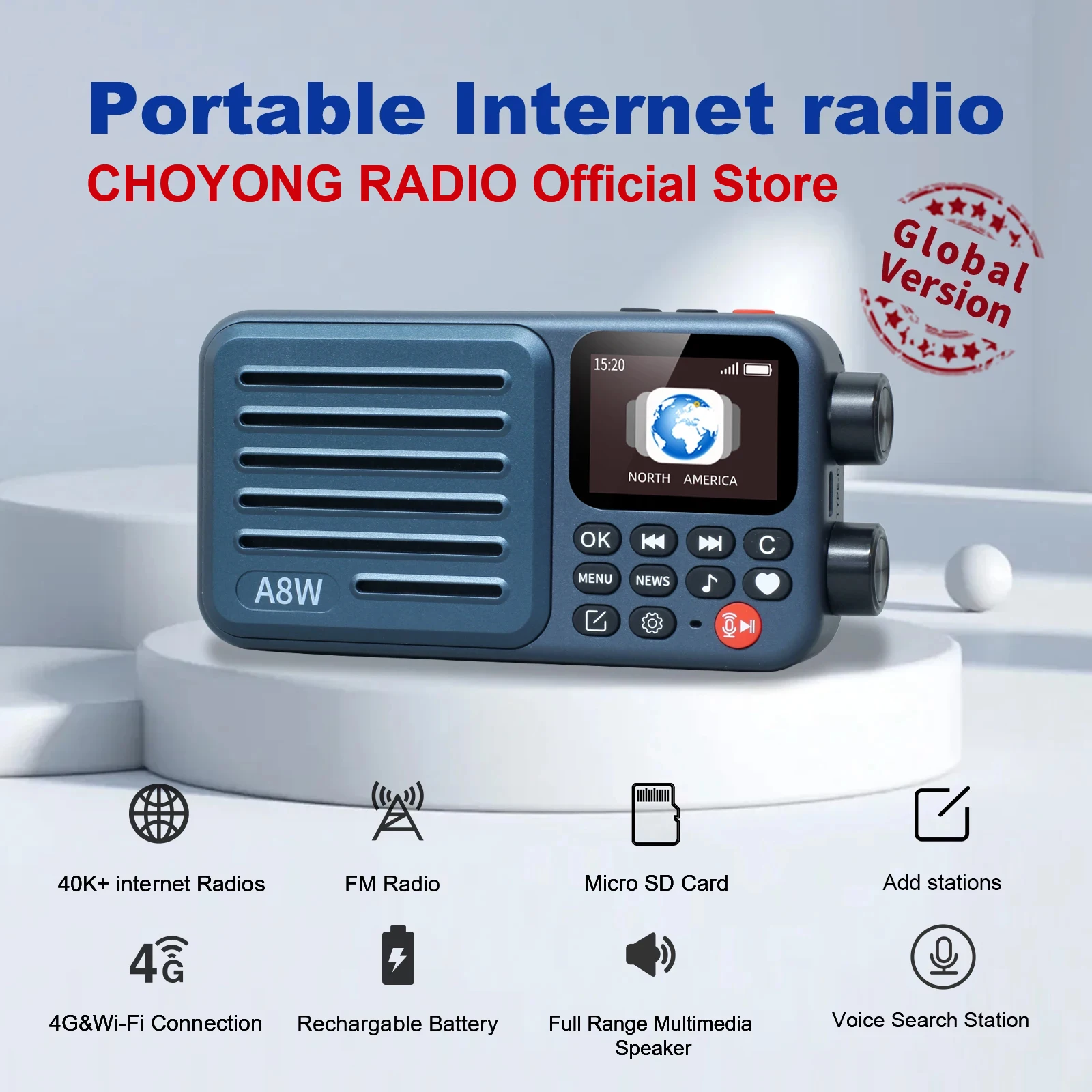 Choyong A8W  Portable Internet Radio(GLOBAL VERSION)  with WIFI&4G FMMicro-SD CardAll World Digital 