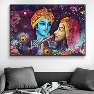 Radha Krishna ผ้าใบวาดภาพโปสเตอร์ฮินดูศิลปะบนผนัง Vishnu โปสเตอร์อินเดียพระเจ้าสีฟ้าสำหรับ