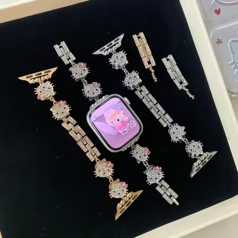 Kawaii Hello Kitty iwatch Watchband Sanrio Apple Watch Band Cartoon Diamond Metal Strap Y2k iwatch A