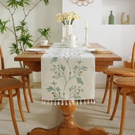 Classical Flowers Embroidered Table Runner Tea Table Leaves Tassels Cotton Tablecloth TV Cabinet /Ho