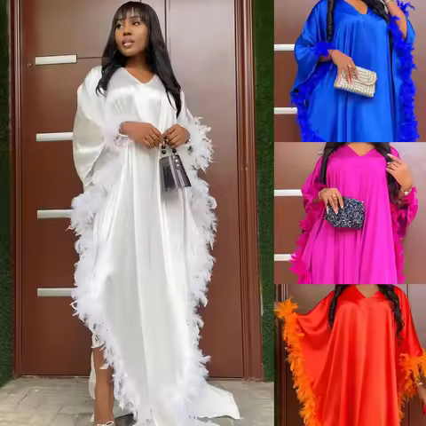 Elegant African Feather Dresses for Women Muslim Bat Sleeve Boubou Abaya Robe Dashiki Ankara Evening