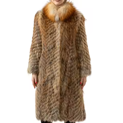 women long overcoat natural fox fur stripe coat with collar length 107cm 250455