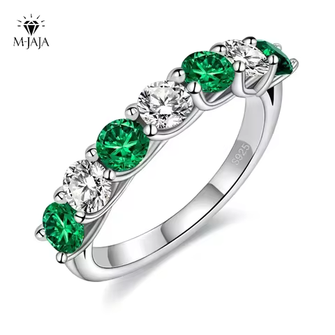 M-JAJA 3.5mm Emerald Gemstone Ring S925 Sterling Silver Lab Created Sapphire/Ruby Moissanite Wedding
