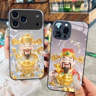 God of Wealth Glass Case Lucky red goldCNY holding a gold bar for iPhone 17 16 15 14 13 12 11 8 7 6 