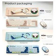 Ergonomic 2.4G Plug And Play Wireless Keyboard Mouse Combo 104 Keys Cute Cat Keyboard Coloful Retro 