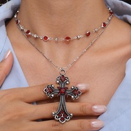 3-1Pcs Gothic Red Cross Double Layers Necklace - Vintage Adjustable Necklace - Punk Retro Jewelry - 