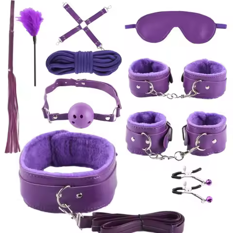 10Pcs BDSM Bondage Restraint Kit for Couples - Leather Handcuffs, Ankle Cuffs, Whip, Gag, Blindfold,