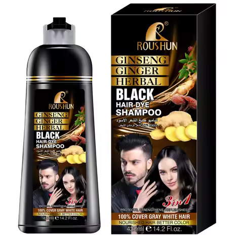 420ml ROUSHUN Black Hair Shampoo Hair Dye Ginseng Ginger Black Hair Colorant Nourishing Hair Care Cl