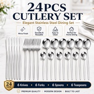 Silver Stainless Steel Flatware Cutlery Set 24Pcs Classic Dinner Knife Fork Spoon For Family Gatheri