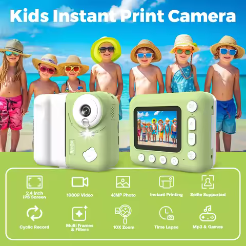 Kids Instant Print Camera Kids Camera 1080P Digital Camera for Kids 2.4 Inch IPS Screen 10X Zoom Bui