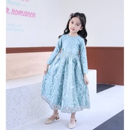 Girl Dress Muslimah Lace Jubah Moden Baju Raya Sedondon 2024 Gaun Budak Perempuan Baby Blue Dusty Pi