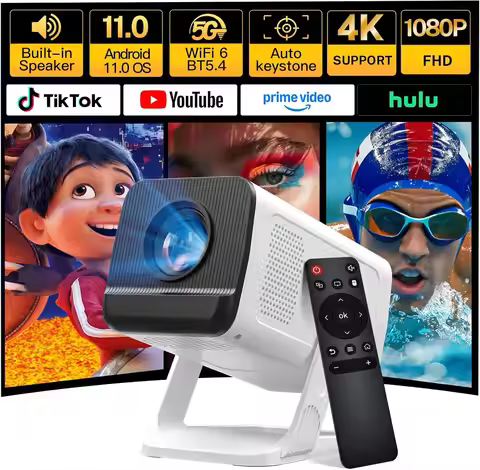 Mini Projector with WiFi 6 and Bluetooth 5.4 Built-in Apps Portable Projector Android 11 Auto Keysto