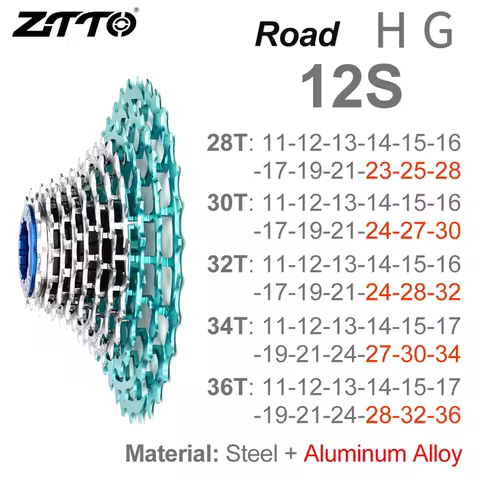 ZTTO Teal-Silver Road Bike HG Cassette Ultralight CNC 11S 12S 11-28/30/32/34/36T Sprocket 130g~156g 