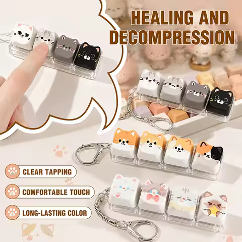 Cute Cat Keyboard Cap Keychain Pendant Kawaii Cat 4-key Keyboard Fidget Decompression Clicker Key Ke