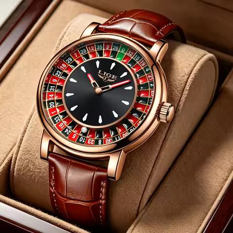 LIGE Casino Roulette Dial Men Watch Retro Brown Leather Strap Waterproof Quartz Watches for Men Busi