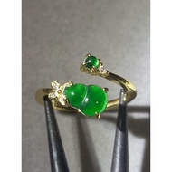 #J938 100% Natural Grade A Icy Green Jade Jadeite Adjustable Ring H14.5m 925 Yellow Gold Silver