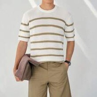 New Arrival Spring/Summer Contrast Color Striped Short Sleeve Knit Top For Men Cream Outfit Men Beig