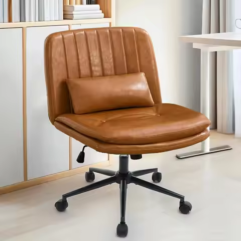 Armless Home Office Desk Chair with Wheels, Wide Criss Cross Swivel Chair with Double-Layer Cushions