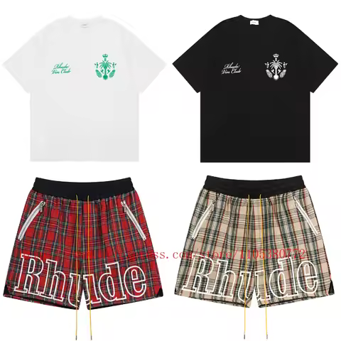 New Arrival Rhude Plaid Shorts Men Casual Streetwear Elastic Waist Drawstring Zip Pocket Hip Hop Sum