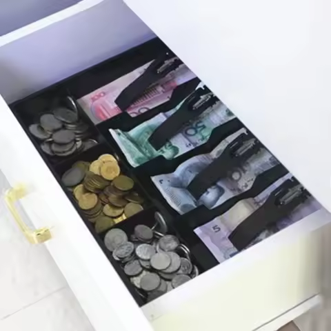 5 Grids Money Cash Register Insert Tray Plastic Rectangle Cashier Drawer with Spring Black 5 Grids M