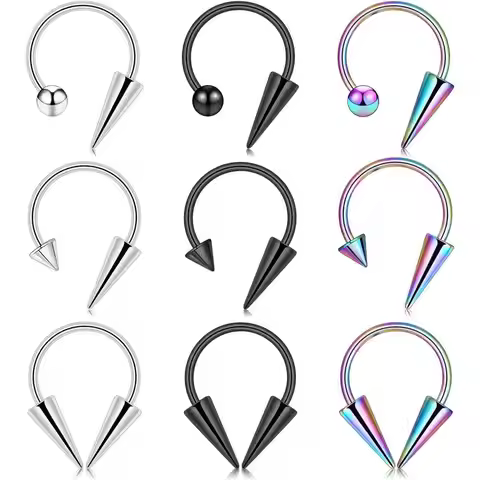 1/9Pcs Set 16g Stainless Steel Long Spike Nose Septum Rings Horseshoe Hoop Labret Ring Smiley Pierci