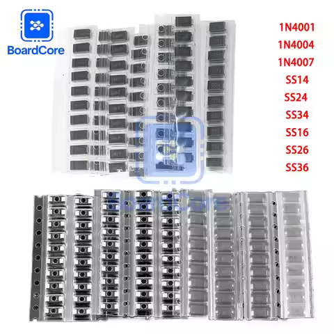 90/180PCS 9Values SMD Diode Kit 1N4007/1N4001/1N4004 Rectifier Diodes + SS14/SS16/SS24 Schottky Diod