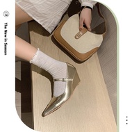 2023 Spring Style Pointed Toe Retro Jane New Style Time Heel Shoes Genuine Leather Wedge Small Leath