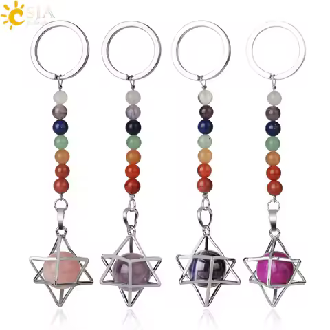 CSJA Natural Stones 7 Chakra Keychain Fashion Locket Pendant Crystal Keyring Car Bag Accessory Jewel