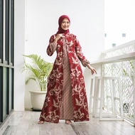 baju gamis batik wanita kombinasi polos terbaru kekinian jumbo modern - lung maroon m