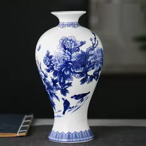 Elegant Jingdezhen Blue and White Porcelain Vases Fine Bone China Vase Peony Decorated High Quality 
