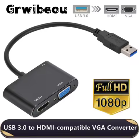 Grwibeou 2 in 1 USB 3.0 to HDMI VGA Converter Dual Output Adapter 1080P USB to VGA HDMI Adapter Cabl