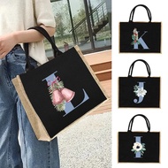 Shoulder Bag Jute Linen Pouch Picnic Bag Shopping Pouch Handbag Laminated Pouch Blue Letter Pattern 