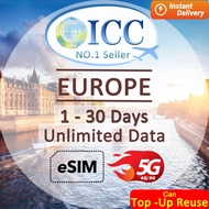 [ICC eSIM] Europe & UK/Cover Turkey/Balkans 1-30 Days Unlimited Data SIM - EU-D Plus ,Can Top Up Reu