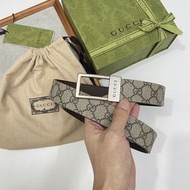 Gucci 722370 KGD0H 棕色銀色方扣皮帶（面寬3.5CM）- 歐碼75-110多尺寸可選