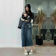 Midi Jean Skirts Black Gray Long Split Front High Waist Straps Ulzzang - MX