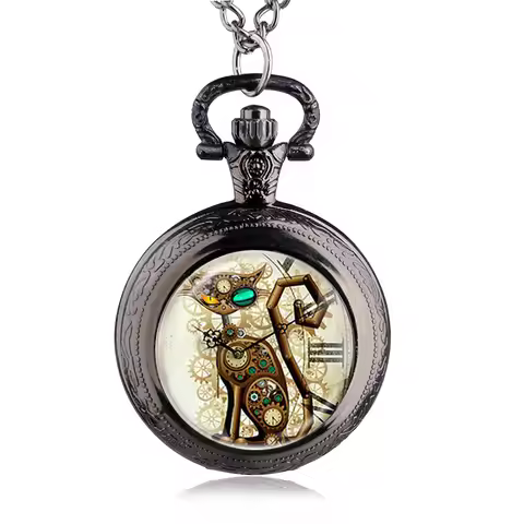 Bronze Vintage Steampunk Cat Locket Necklace Pocket Watch Pendant Gift