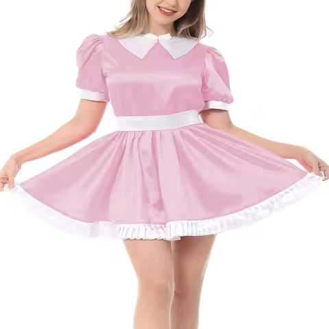 Gay Mens Sissy Ruffles Trims Maid Dress Plus Size Stain Lolita Style Sweet Role Play Dress Adult Bab