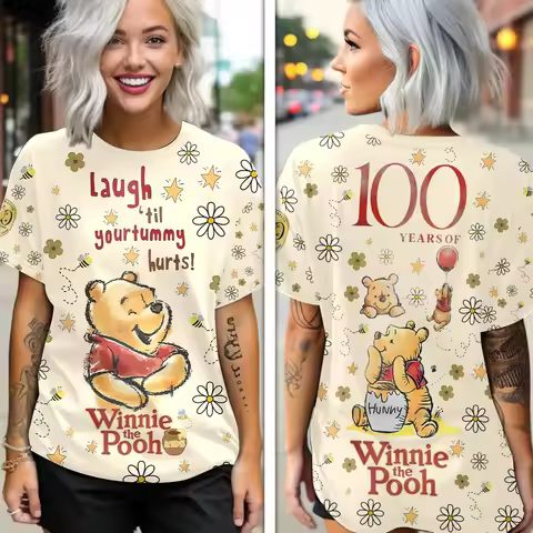 2026 Summer New Pooh Bear 100th Anniversary Cartoon Anime 3D Short Sleeved T-Shirt Women's Fashion L