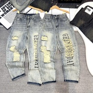 Quần bò jean nữ dáng dài baggy rách in chữ _ Size SML _ 2831 2832