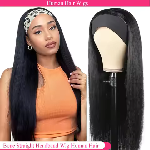 Bone Straight Headband Wigs Human Hair Pull & Go 250 Density Half Wigs Human Hair Wigs Headband Glue