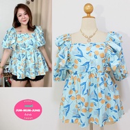 Fashionable Clothes For Fat People Square Neck Blue-Striped Dobby Fabric Orange Print Decorated With