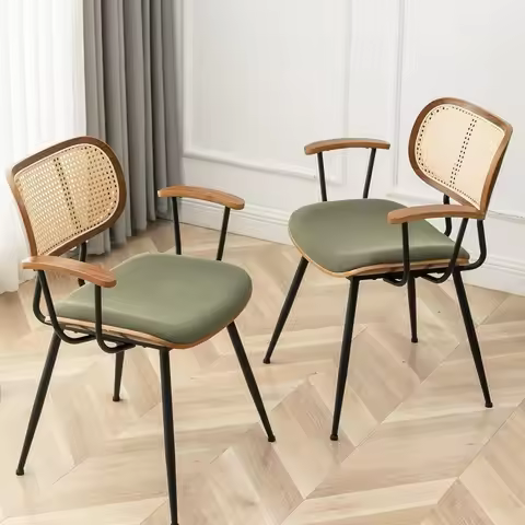 Rattan Dining Room Chairs Set of 2,Mid Century Modern Kitchen Side Chairs,Metal Legs Desk Chairs,Gre
