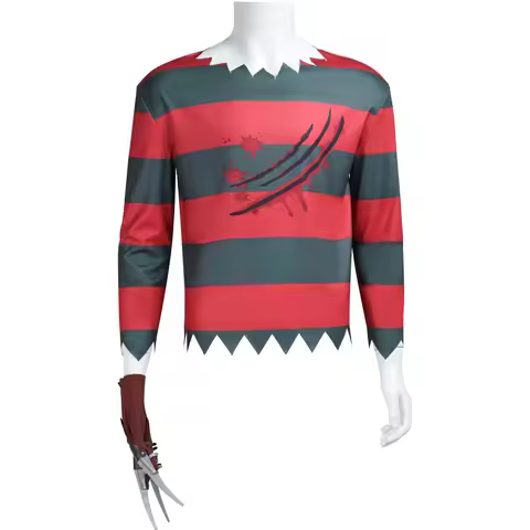 Nightmare Freddy Krueger Cosplay Horror Costume Freddy Striped Long Sleeved T-shirt Hat Gloves Suit 
