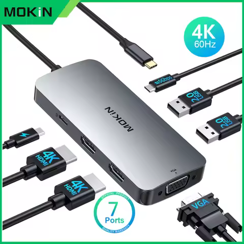 MOKiN USB C Docking Station Dual Monitor, 7 in 1 USB C Hub with 2 HDMI, VGA, 100W PD, 3 USB, for Del