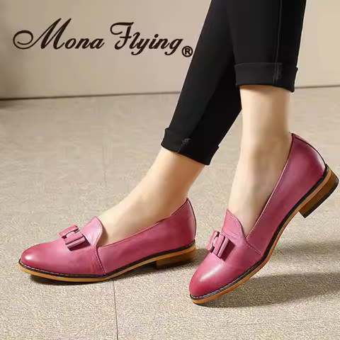 Mona Flying Women's Genuine Leather Bowknot Penny Loafers Handmade Comfort Causal Slip on Office Fla