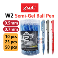 Gsoft W2 Ball Point Pen 0.5mm/0.7mm (10/25/50pcs) Gsoft Semi Gel Ball Pen Blue Black Red (READY STOC
