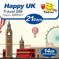 Happy UK United Kingdom SIM Card - 21 Days 14GB Unlimited Data Travel Sim (5G/4G)