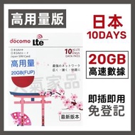 NTT Docomo - 【高用量版】日本 10天 20GB/FUP 高速4G 無限上網卡數據卡電話卡Sim咭 10日